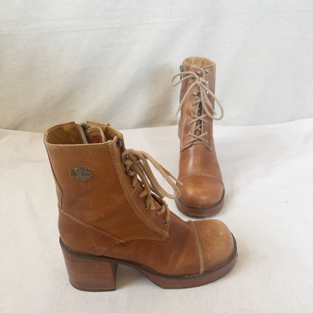 Vintage Harley Davidson Brown Leather Boots Chunky Heel Platform Wooden size 9 - Picture 2 of 9